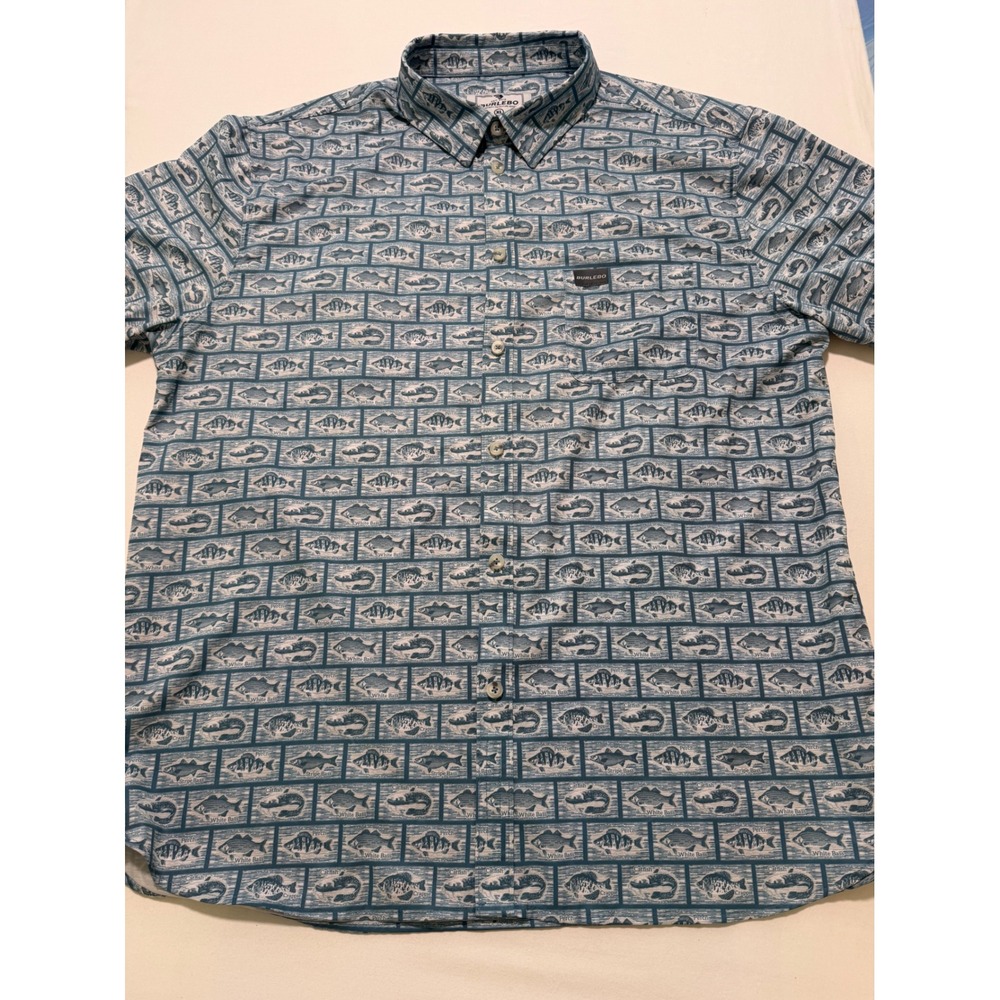 Burlebo Mens XL Fish Print Performance Button Down Shirt Blue Stripe Bass Fish